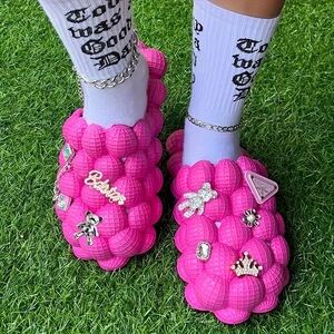 Women’s Hot Pink Bubble Slides with Bling/Charms in Silver & Gold NWOB Size 9/10